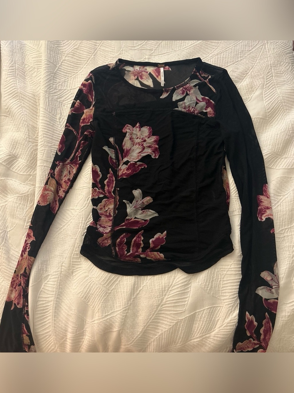 Free People Black Mesh Long-Sleeve Top with Pink Floral Print